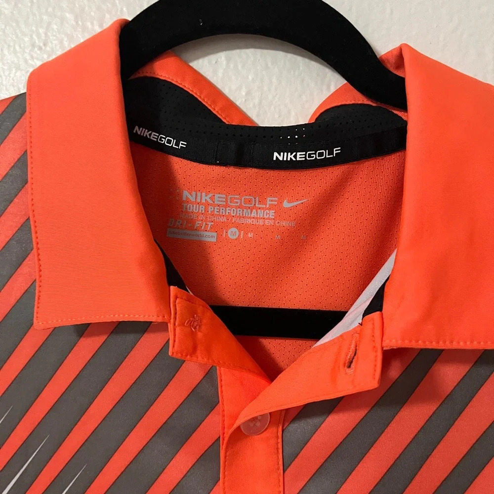 Nike Golf Dri-Fit Tour Polo Size Medium Bright Orange Gray stripe loose wicking - Picture 3 of 6